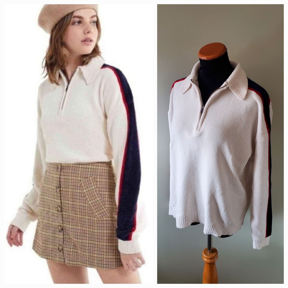 Urban Outfitters S Tennis Prep Academia Sporty Velour Quarter Zip Sweater